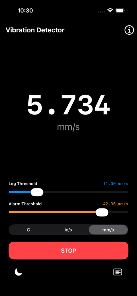 Vibration Detector app interface showing real-time velocity measurement in mm/s and adjustable log and alarm thresholds.