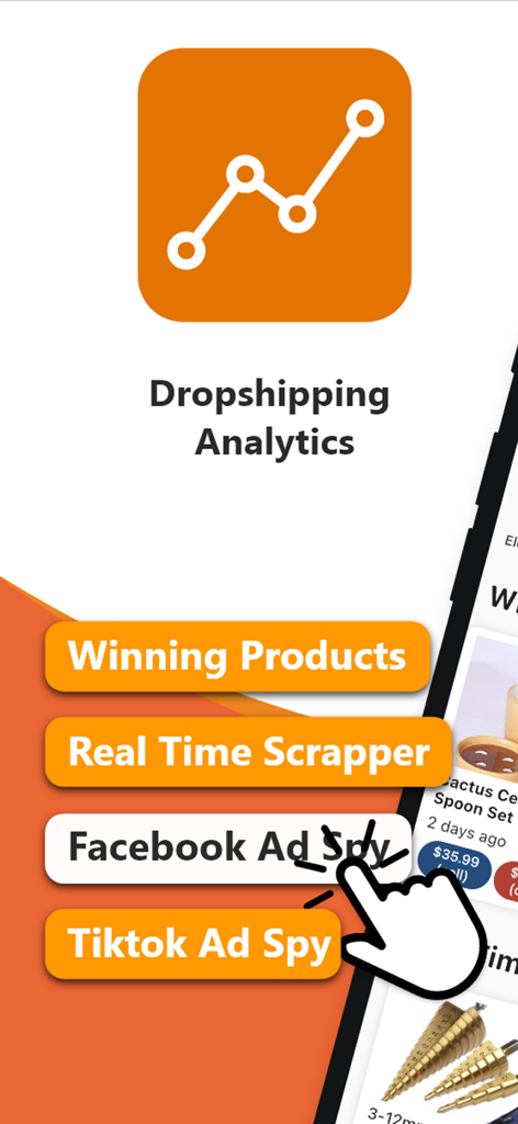Dropshipping Analytics - Interfaz de la aplicación Dropshipping Analytics mostrando productos ganadores y herramientas de espionaje de anuncios en redes sociales