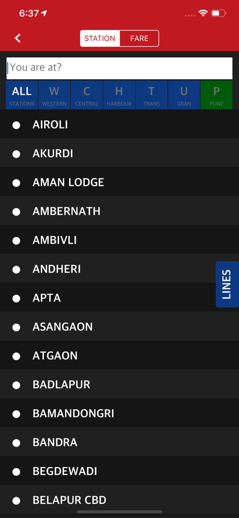 List of Mumbai and Pune local train stations in the m-Indicator app interface