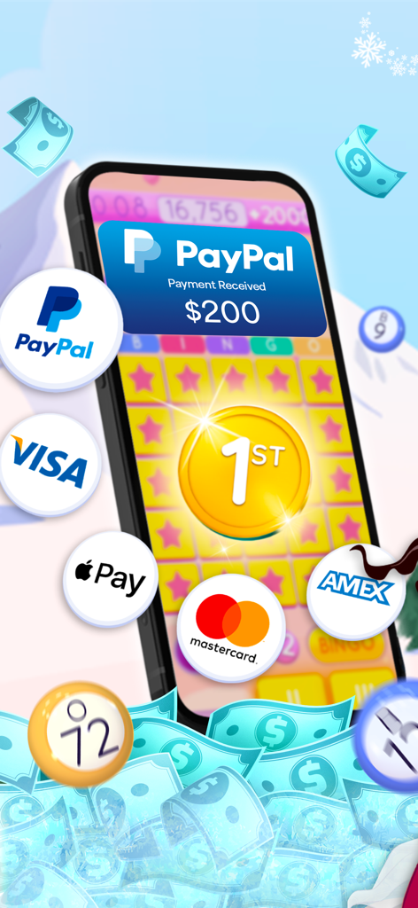 Blackout Bingo app screen showing a two hundred dollar PayPal payout with logos for Visa, Apple Pay, Mastercard, and Amex.