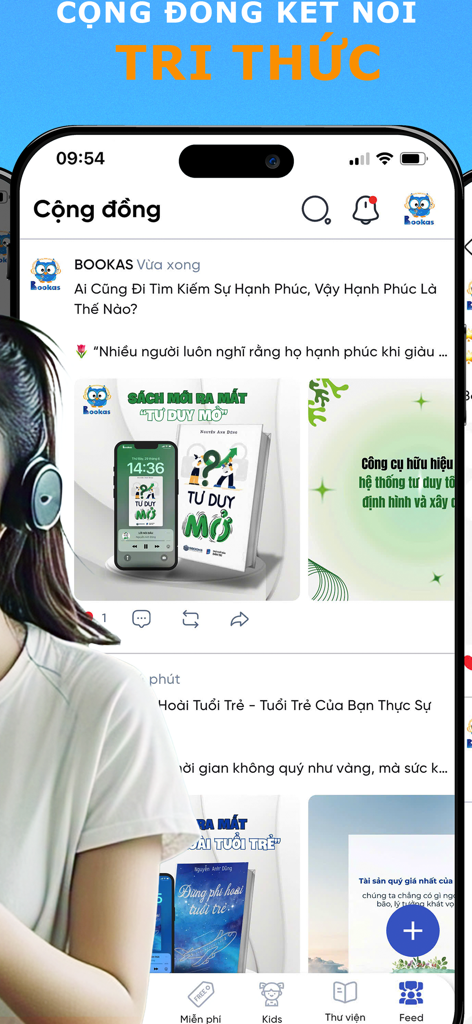 Bookas - Sách nói & Truyện - Screenshot of the Bookas app community feed showing Vietnamese audiobook recommendations and social sharing features