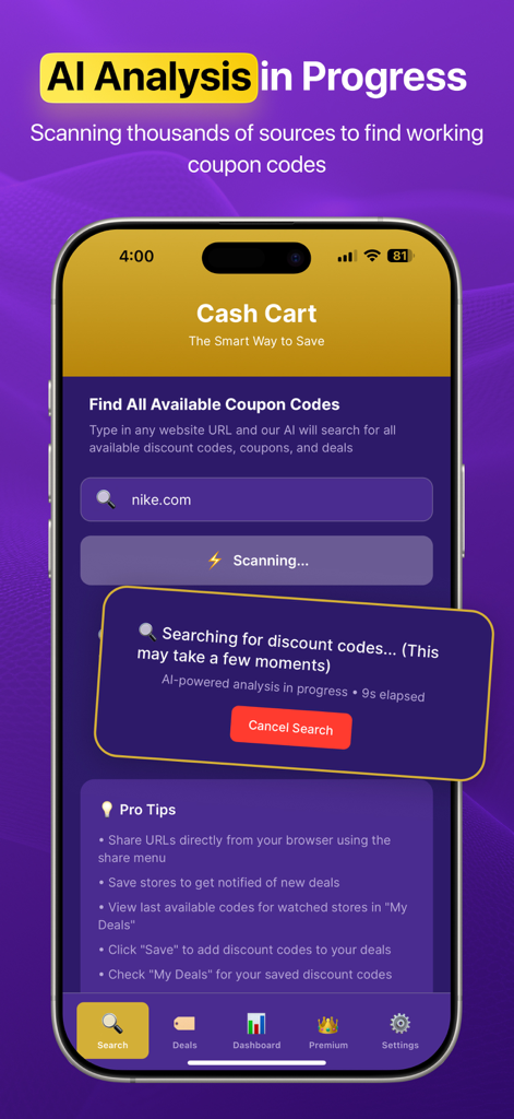 Cash Cart AI Coupon Finder - Interfaz de la aplicación Cash Cart AI realizando un escaneo automatizado de códigos de descuento para Nike