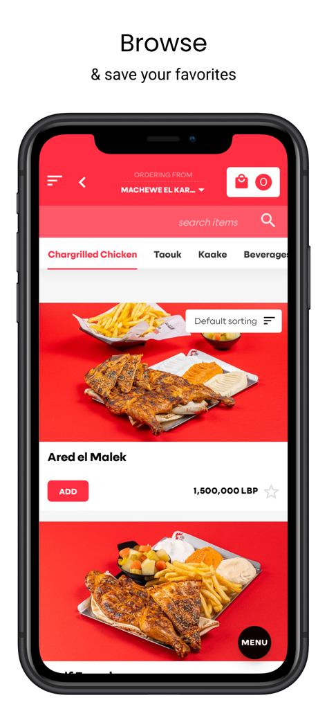 King Fadi - King Fadi app menu screen showing Middle Eastern chargrilled chicken items