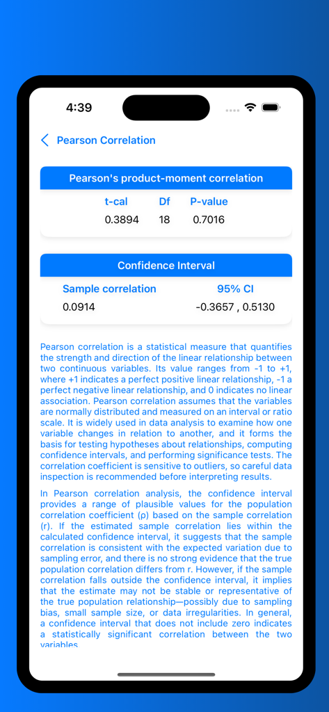 StatPro: Data Analytics - StatPro app displaying Pearson correlation results with sample correlation and confidence intervals alongside educational notes