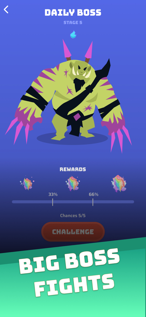 Voidpet Dungeon täglicher Bosskampf-Bildschirm mit einem großen grünen und lila Monster mit Belohnungen