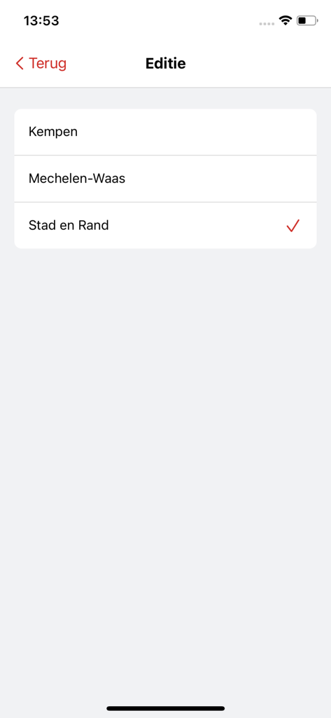 Gazet van Antwerpen - Regional edition selection screen in the Gazet van Antwerpen app
