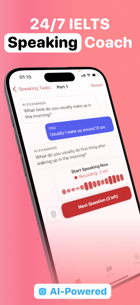 Interface of the IELTS Speaking Coach app showing an AI-powered conversation and voice recording feature.