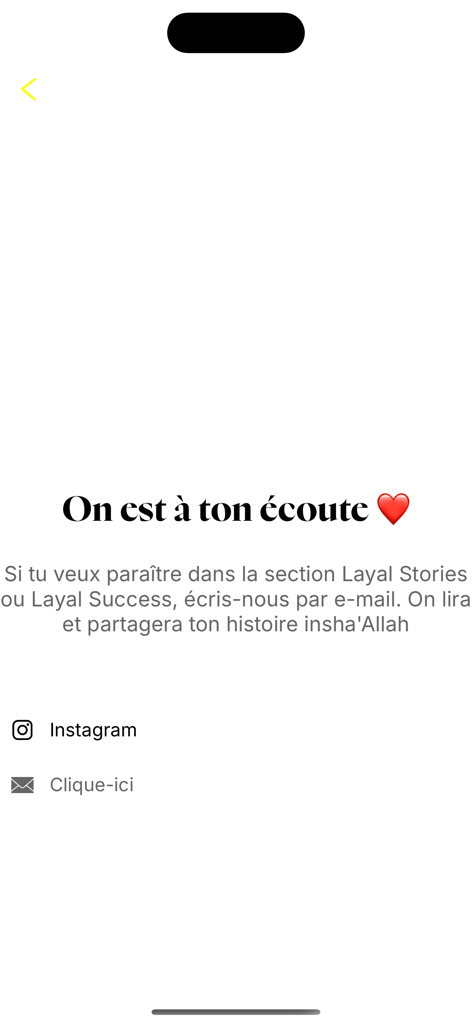 Layal - Página de contacto de la aplicación Layal en francés animando a los usuarios a compartir sus historias por correo electrónico y redes sociales