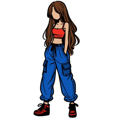 girl in baggy pants crop top and long hair
