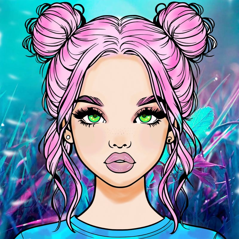 realistic girl with two buns in hair and lips