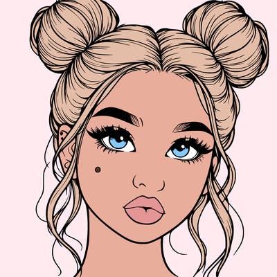 realistic girl with two buns on her hair and lips
