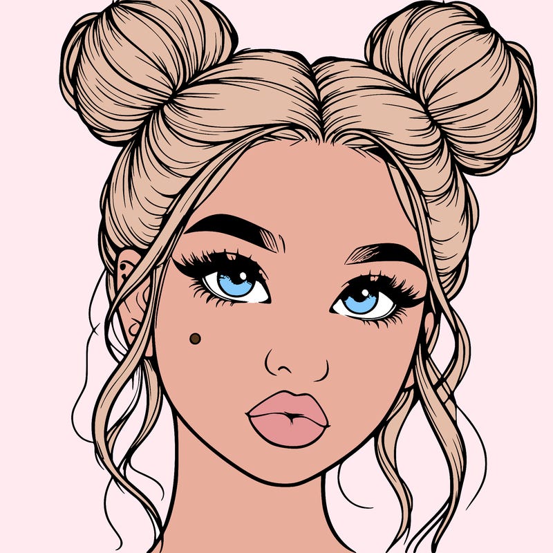 realistic girl with two buns on her hair and lips