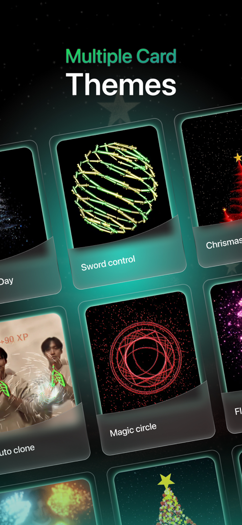 Hand Control: Hand Sign Master - A menu showing multiple interactive card themes with 3D particle effects like magic circles and sword control.