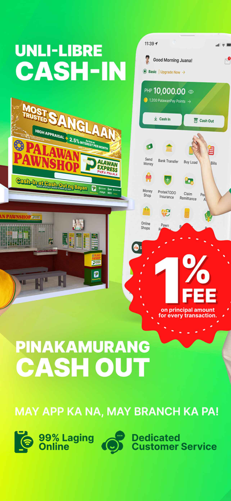 PalawanPay - Aplicativo móvel PalawanPay mostrando serviços de depósito e saque de dinheiro com taxas baixas e recursos de casa de penhores integrados.