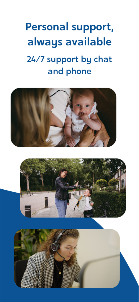 Screenshot der Charly Cares App, der 24/7 persönlichen Support per Chat und Telefon hervorhebt, mit Bildern einer Mutter und eines Babys, eines Betreuers und eines Support-Mitarbeiters.
