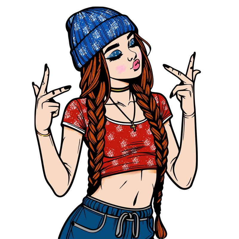 realistic teenage girl with braids and a beanie and crop top doing 🫶🏼