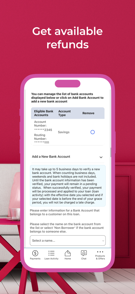 PennyMac Mobile app interface for adding a bank account to receive refunds