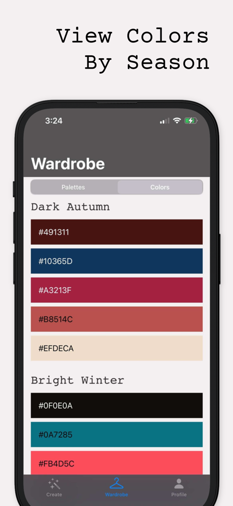 Hue IQ | Color Analysis - HEXコード付きのDark Autumn（ダークオータム）やBright Winter（ブライトウィンター）のような季節別カラー分析で分類された保存されたカラーパレットを表示するHue IQアプリのインターフェース。
