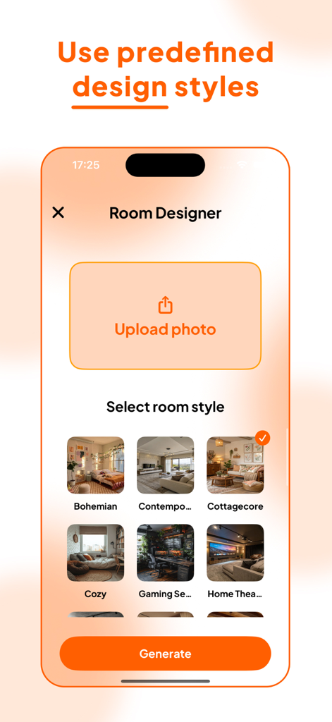 AI Design: Homey - AI Design Homey app interface showing the room designer with photo upload button and predefined design styles