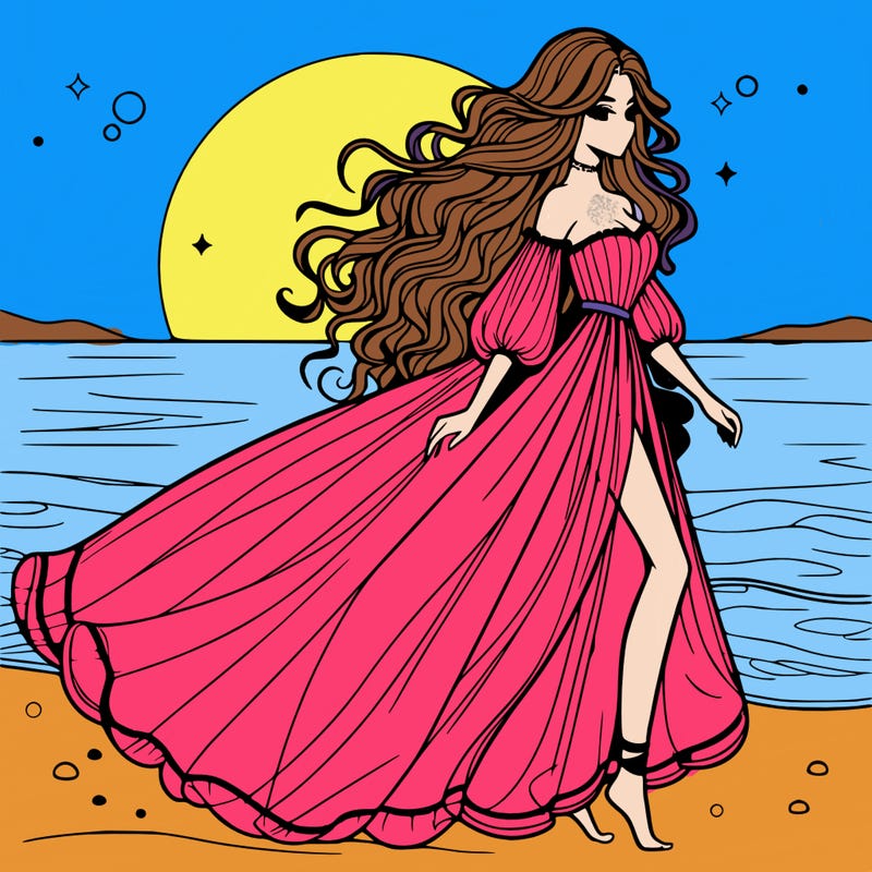 beautiful woman with a vaporous long dress walking on the beach at the noon, detailed art