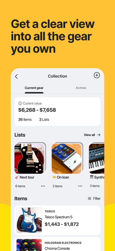 Reverb app interface displaying a personal music gear collection and its estimated total market value.