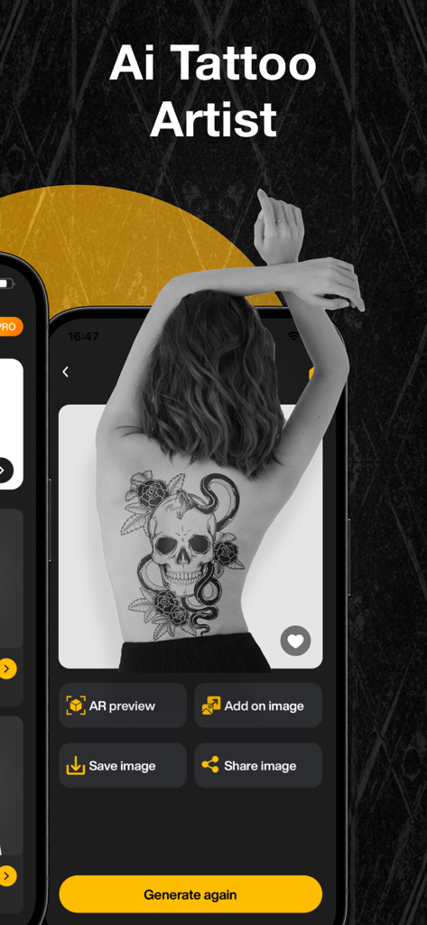 Interfaz de la aplicación Creador de Diseños de Tatuajes IA mostrando una prueba virtual de un tatuaje de calavera y rosas en la espalda de una mujer.