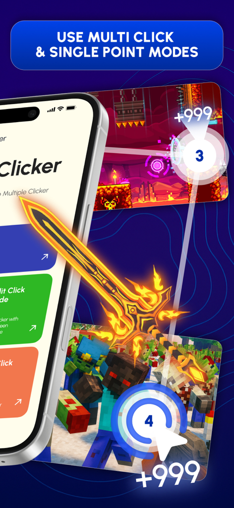 Auto Clicker PRO Tap Assistant - Auto Clicker PRO interface demonstrating multi click and single point modes on mobile games