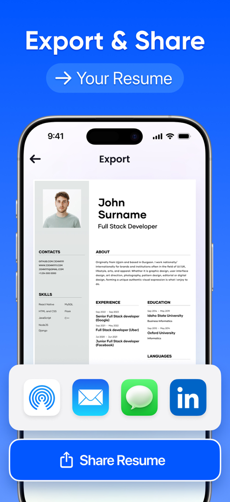 LinkedInやメールへの直接リンクを含む、プロフェッショナルなPDF履歴書の書き出しと共有オプションを示すモバイル画面。