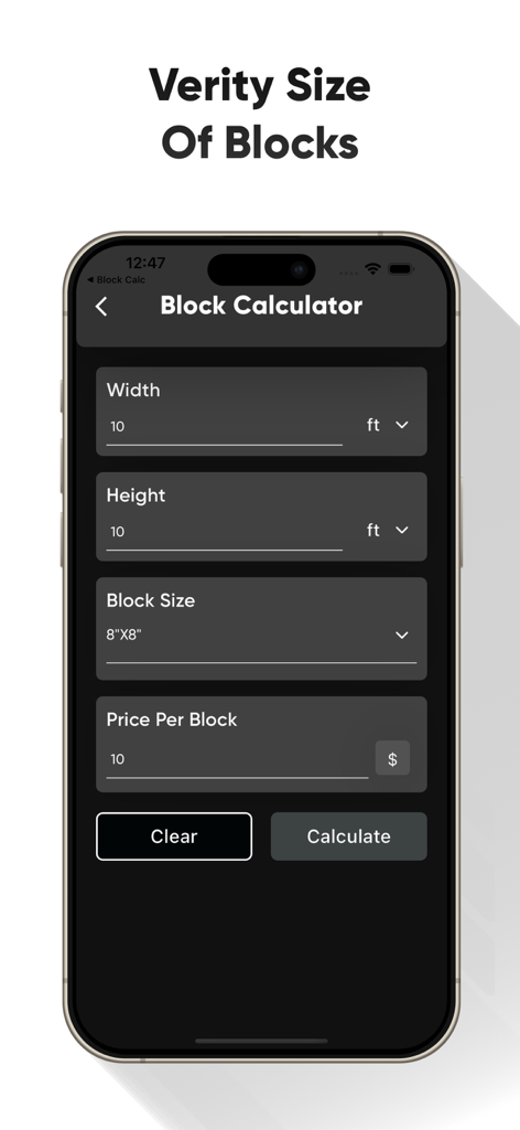 Interface of Block Calculators app showing input fields for dimensions and price per block to calculate construction quantities.