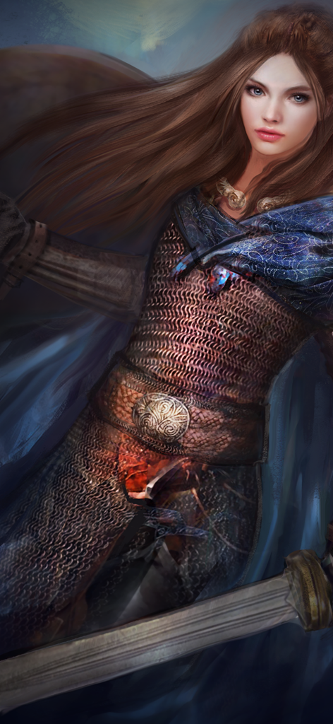 Pendragon Rising - A digital painting of a female warrior with long brown hair wearing chainmail armor and a blue patterned cloak holding a sword