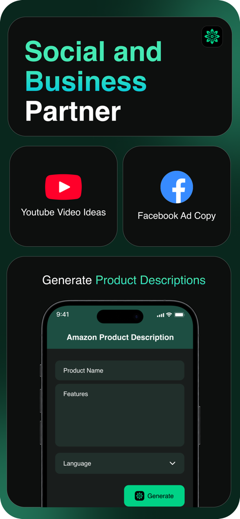 AI Writer Assistant - Lek - Lek AI app interface showing tools for YouTube ideas, Facebook ads, and Amazon product descriptions