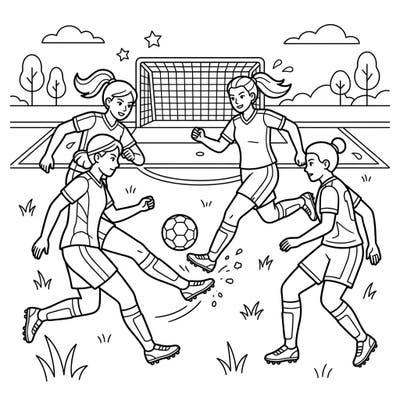 Get ready for an exciting match with our coloring page featuring a team of energetic female soccer players. This fun scene captures all the action on the field, perfect for young sports enthusiasts to bring to life with color.