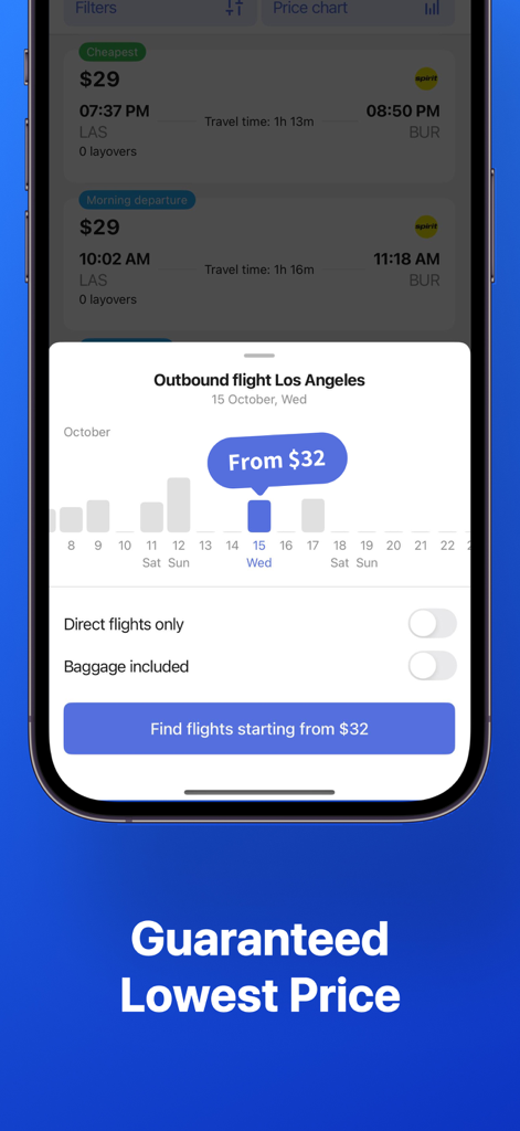 Interfaz de una aplicación móvil que muestra un calendario de precios de vuelos con tarifas desde Los Ángeles a partir de 32 dólares y un banner de precio garantizado más bajo.