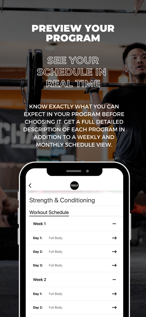 Chalk Performance Training - A preview of the strength and conditioning workout schedule within the Chalk Performance Training app.