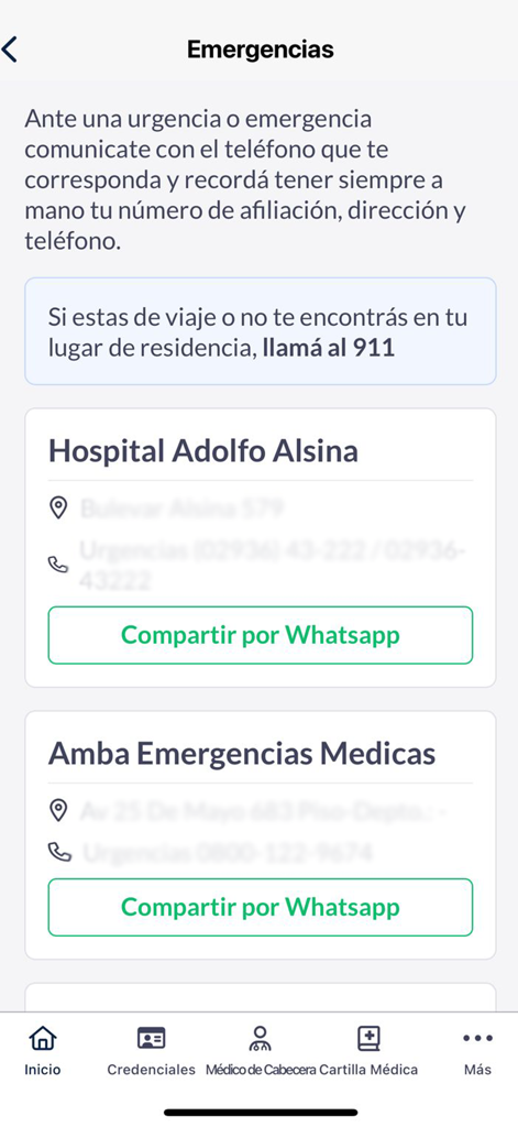 Mi PAMI - Emergency contacts screen in the Mi PAMI app showing medical centers and a share via WhatsApp option