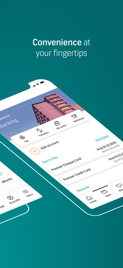FNB Banking App - FNB Banking App dashboard showing account balances and quick action shortcuts for payments and transfers