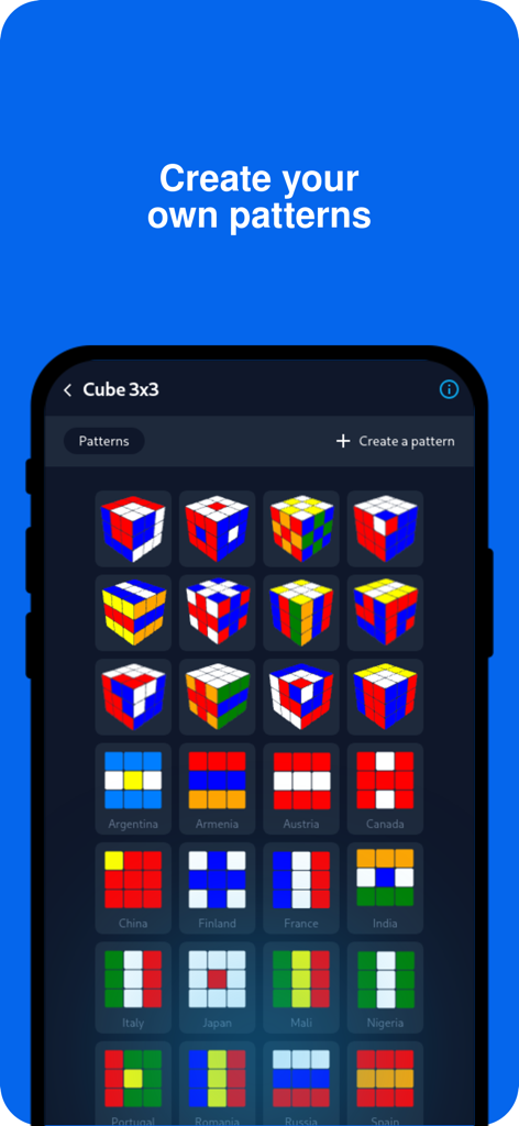 Cube Solver 3D - Uma biblioteca de padrões personalizados de cubo 3x3, incluindo designs de bandeiras nacionais no aplicativo Cube Solver 3D