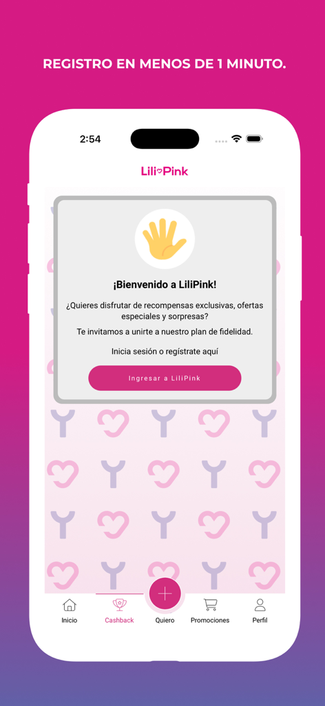 Lili Pink - Welcome screen of the Lili Pink app with a popup invitation to join the loyalty rewards program