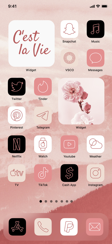Widget | Countdown to birthday - Customized iPhone home screen with a pink pastel aesthetic featuring custom widgets and color coordinated app icons