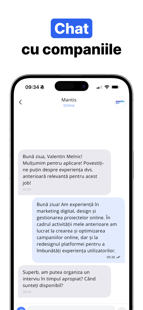 Rabota.md - Mobile app interface of Rabota.md showing a chat conversation between a job seeker and an employer