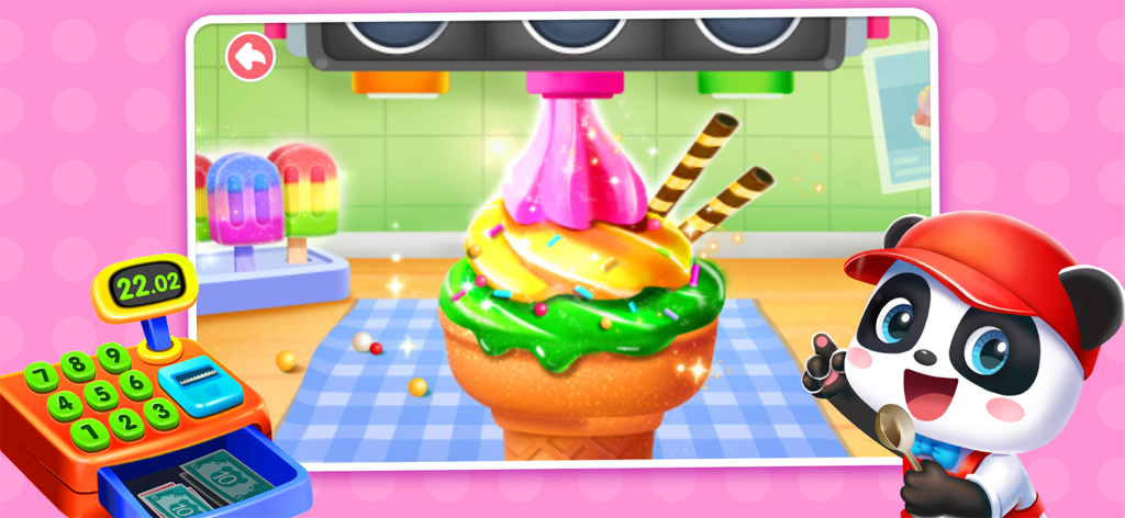 Baby Panda roleplaying as an ice cream shop owner with a colorful sundae and a toy cash register.