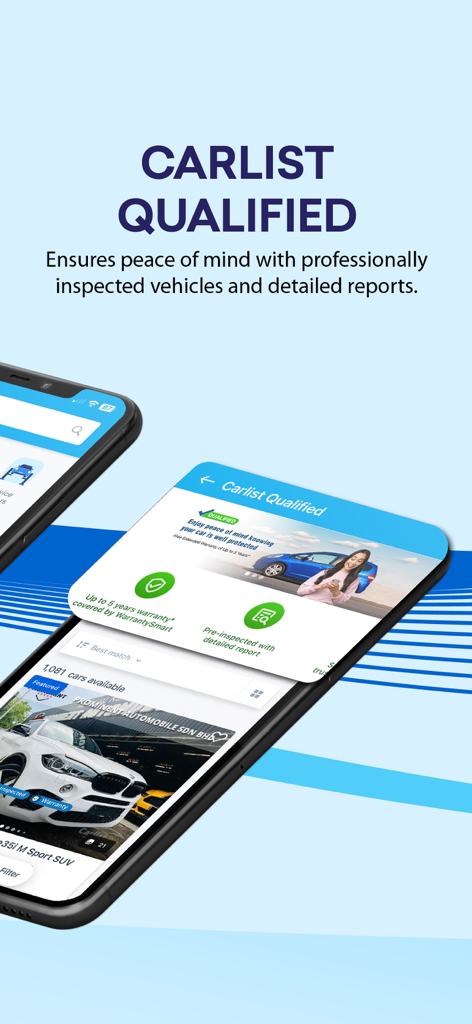 App interface for Carlist.my highlighting the Carlist Qualified feature which provides professionally inspected vehicles and detailed reports.