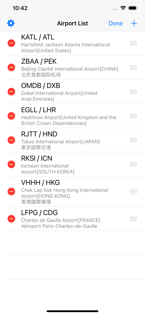 Past Weather for Aviation - Airport list screen showing several international aviation hubs and edit options