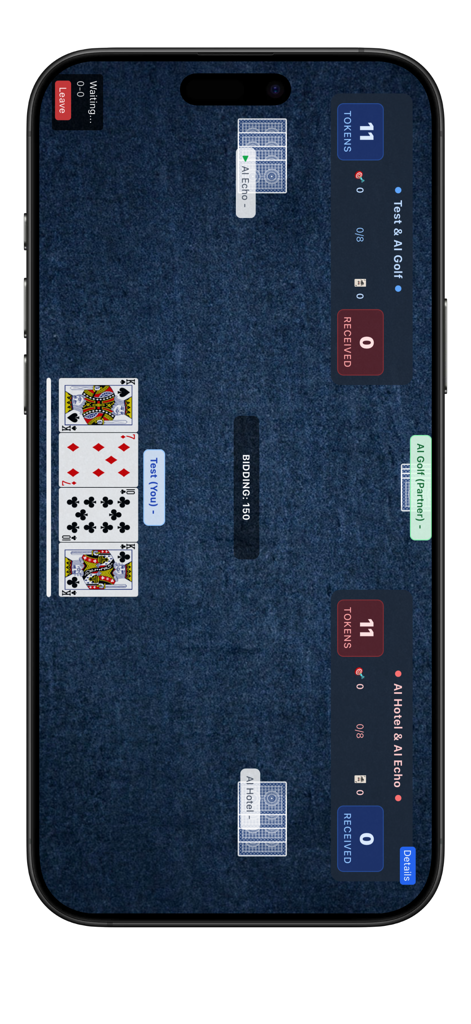 Gameplay screen of 304 Online card game showing bidding status and player hands on a mobile device.