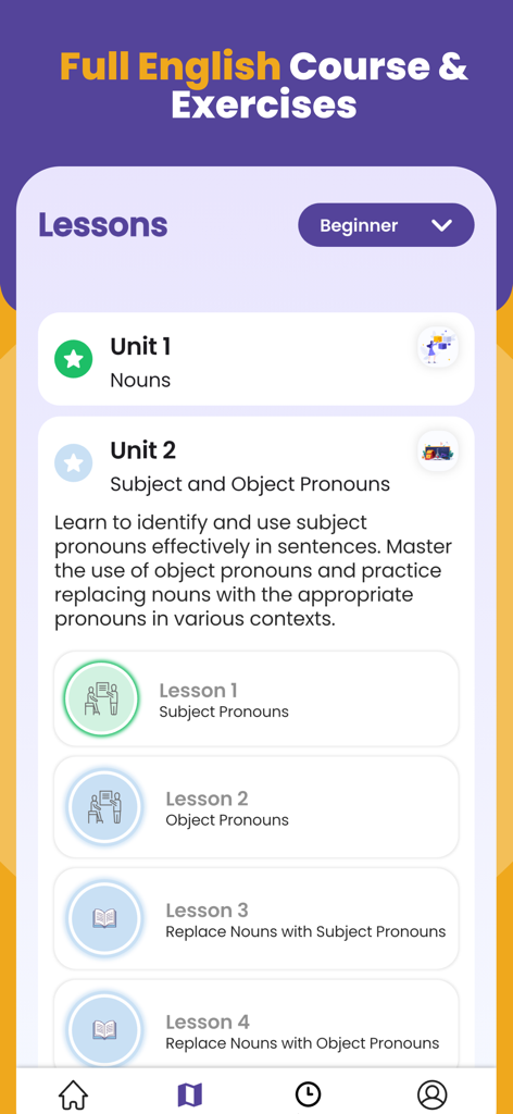 Interfaz que muestra lecciones y ejercicios de gramática inglesa para principiantes en la aplicación BeNative
