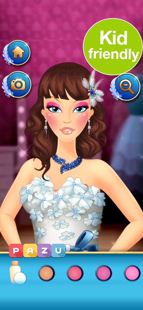 A princess character with pink makeup and a floral dress in the Makeup Girls Princess Prom app