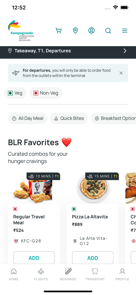 BLR Airport - A mobile app screen showing food ordering options and takeaway favorites at Bengaluru Airport.