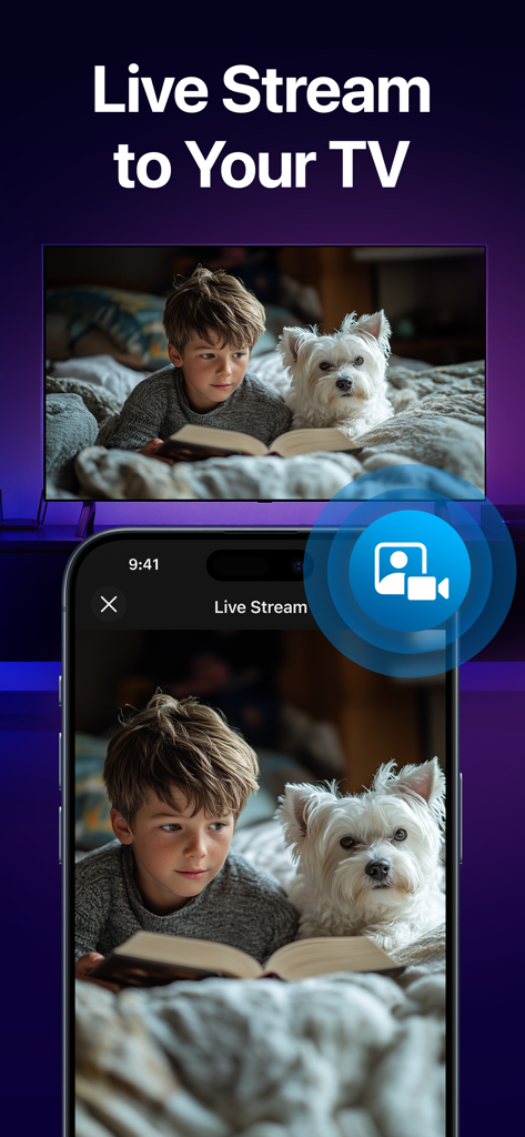 CastOn - Screen Mirror & Share - iPhone live streaming a camera feed of a child and dog to a smart TV