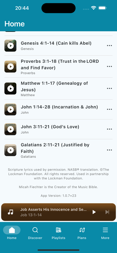 Music Bible: Scripture Songs - Home screen of the Music Bible app showing a list of word-for-word scripture songs from various books of the Bible.
