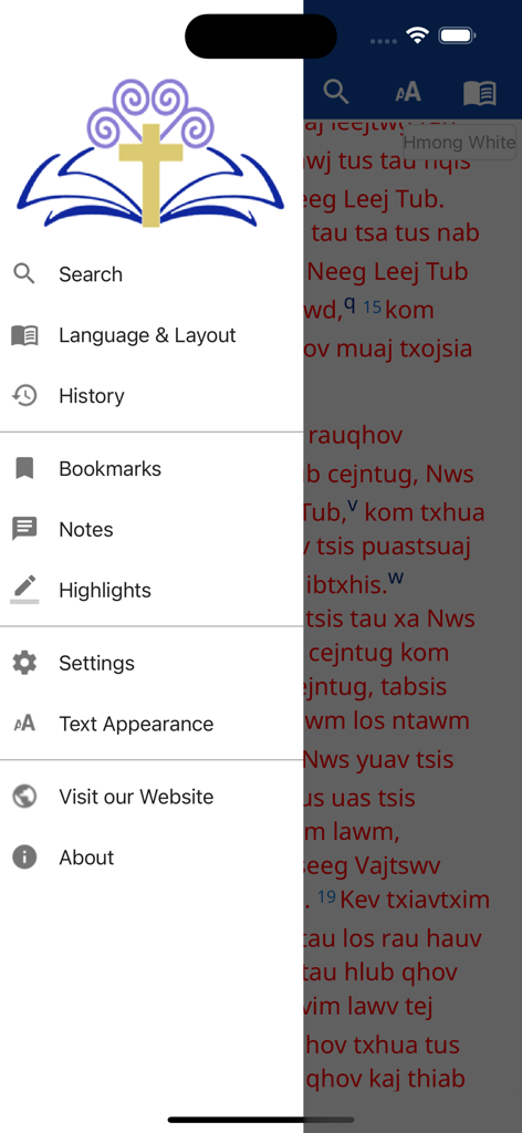 Hmong Bible - Menu de navigation latéral de l'application Bible Hmong montrant les options de langue et de mise en page
